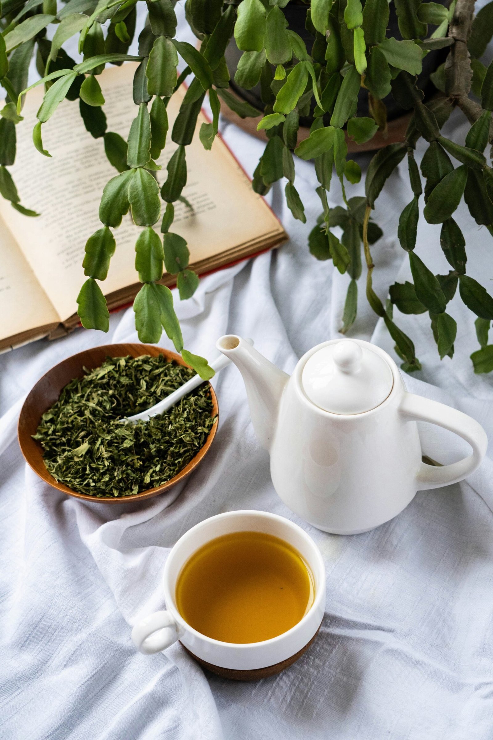 a cup of tea next to a bowl of tea and a book